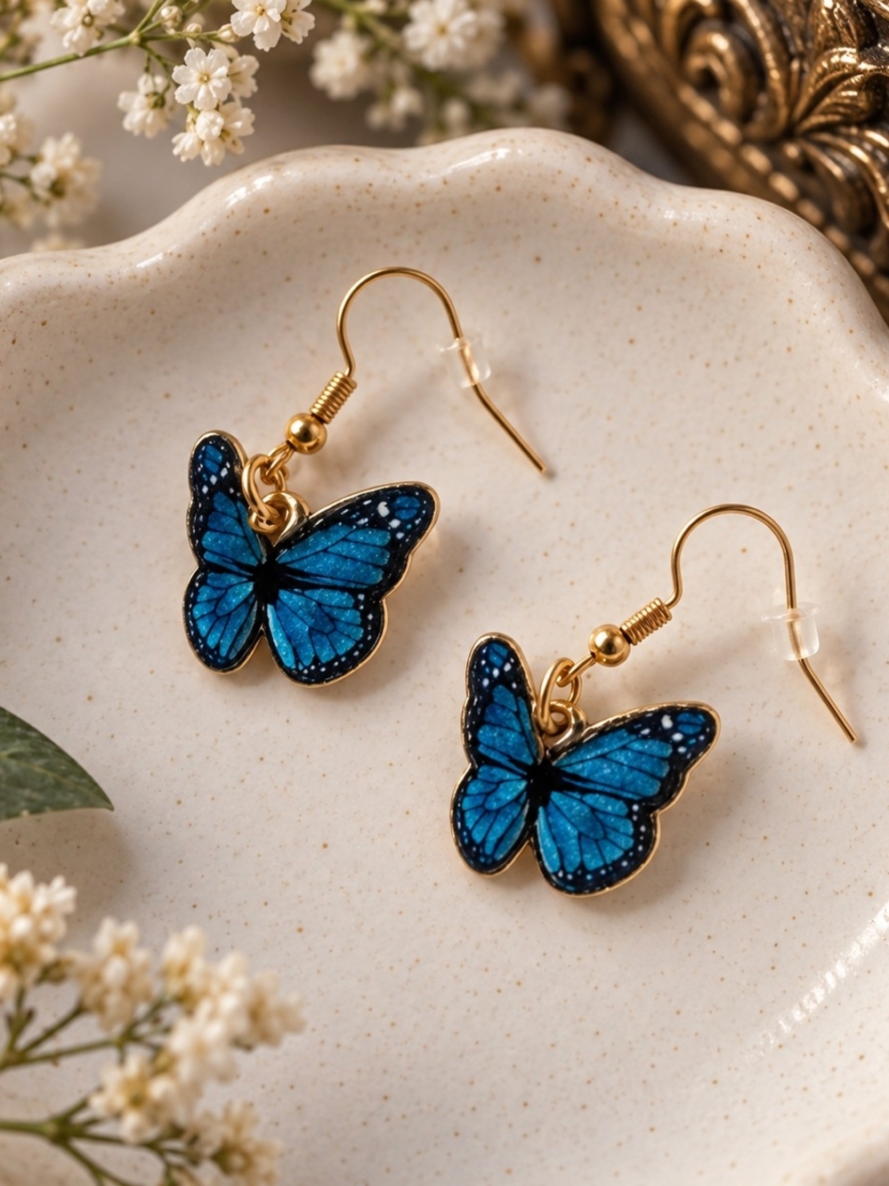 Blue Butterfly Gold-Tone Dangle Earrings New